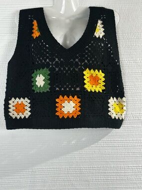 Rebellion Crochet Granny Square Vest Boho Hippie Festival Knit Crop Top SZ L